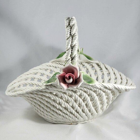 Vintage Italian Porcelain Basket Capodimonte Style Italy Pink Rose Flower Decor - Picture 2 of 12